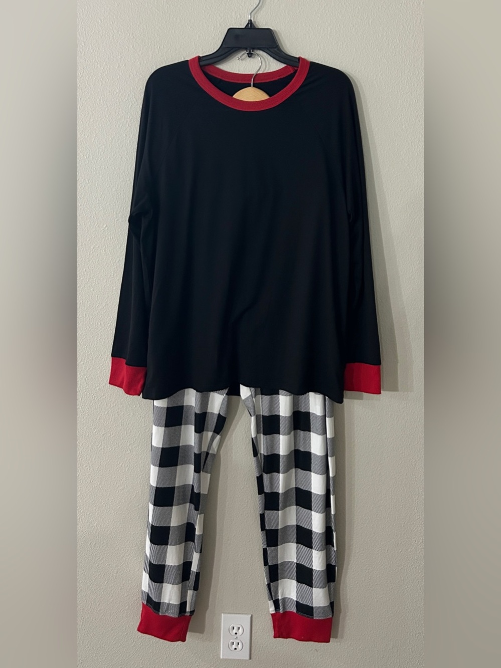 Kids Long Sleeve Black & Red Top with Buffalo Plaid Pants Pajama Set